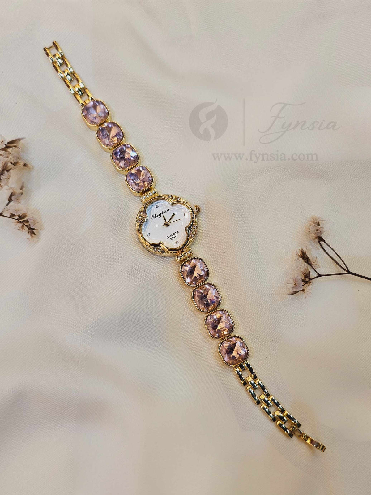 Sumitra Golden White Round Dial Pink Stone Belt Women's Watch | Fynsia