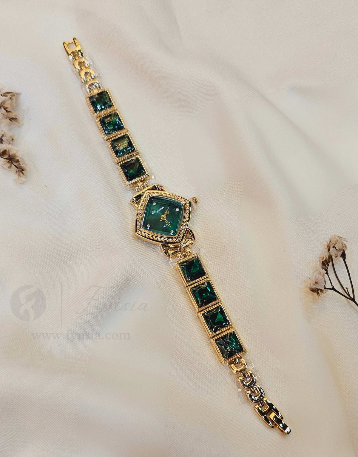 Rida Golden Green Square Dial Stone Belt Women's Watch | Fynsia