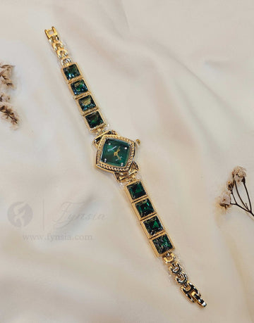 Rida Golden Green Square Dial Stone Belt Women's Watch | Fynsia
