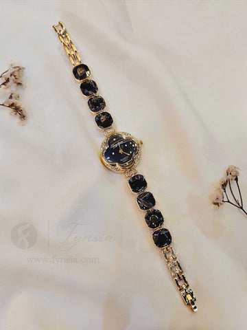 Parul Golden Black Round Dial Stone Belt Women's Watch | Fynsia