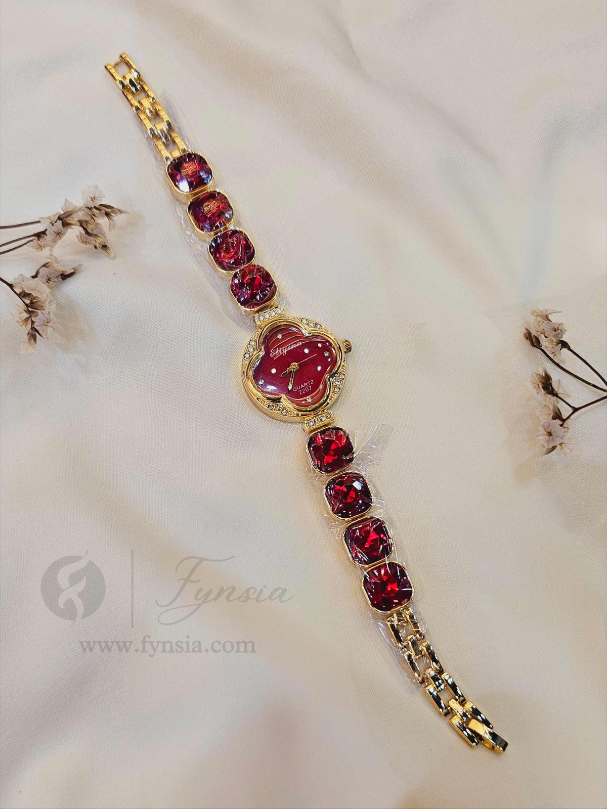 Mehzabin Golden Red Round Dial Stone Belt Women's Watch | Fynsia