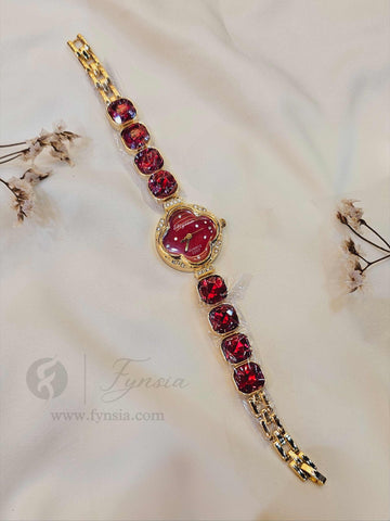 Mehzabin Golden Red Round Dial Stone Belt Women's Watch | Fynsia