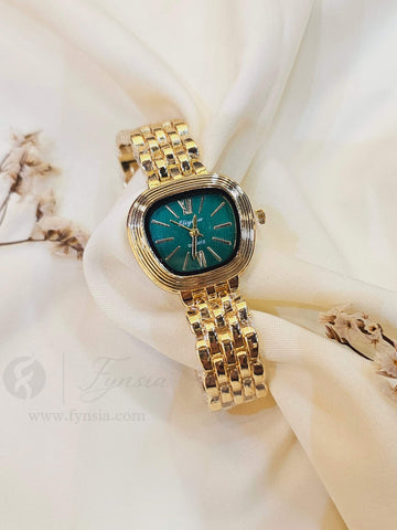 Hiya Golden Green Sqaure Dial Metal Belt Women's Watch | Fynsia