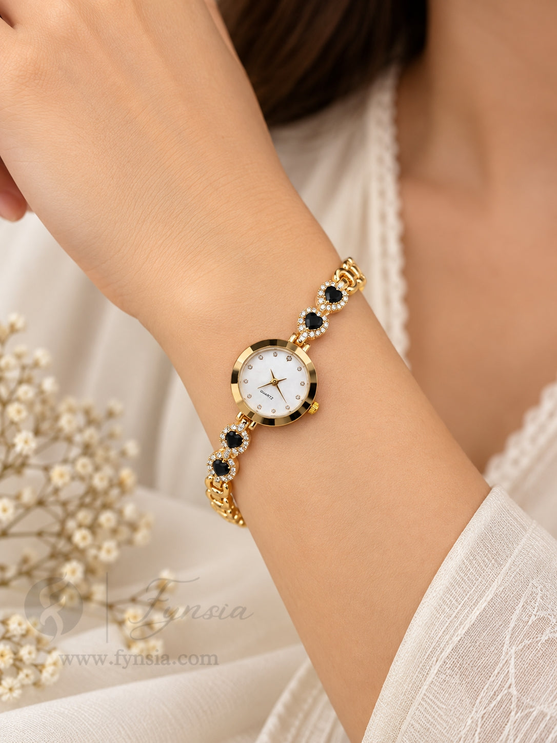 Naina Golden White Round Dial Zirconia Black Stone Belt Women's Watch | Fynsia
