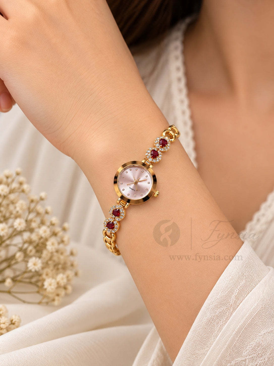Diksha Golden White Round Dial Zirconia Red Stone Belt Women's Watch | Fynsia