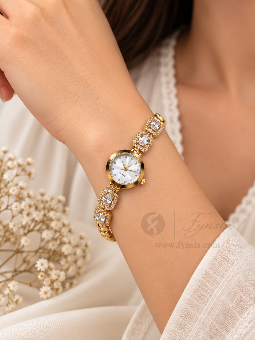 Jenna Golden White Round Dial Zirconia White Stone Belt Women's Watch | Fynsia