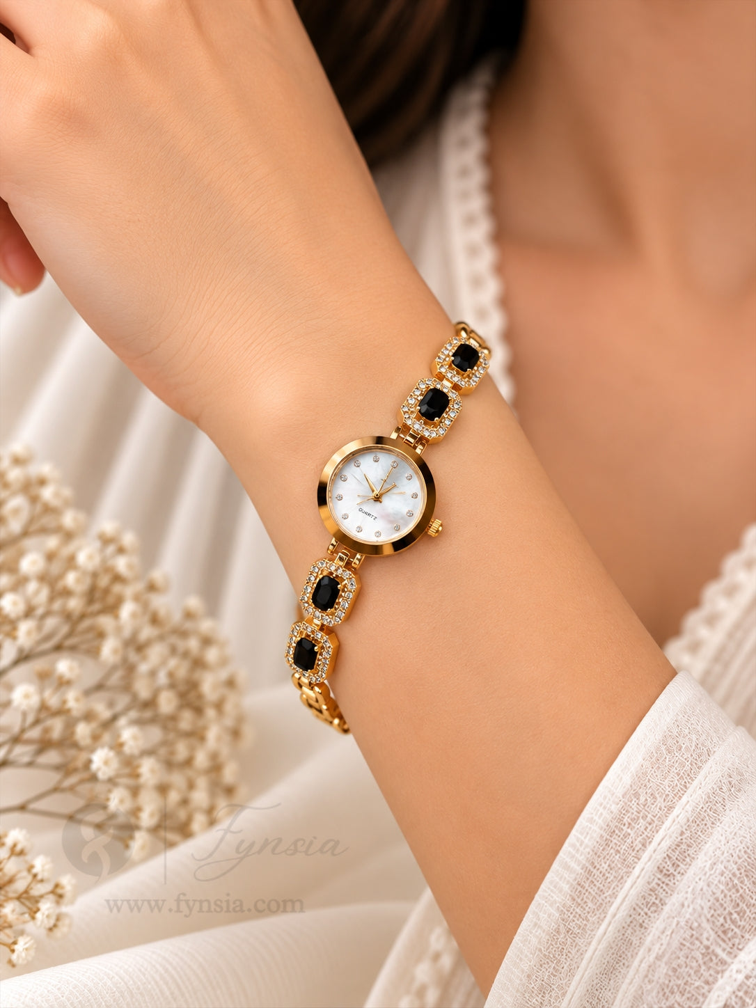 Avneet Golden White Round Dial Zirconia Black Stone Belt Women's Watch | Fynsia