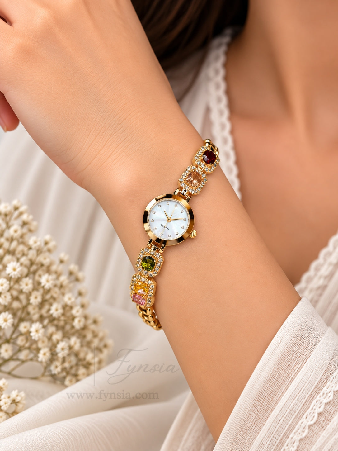Marzina Golden White Round Dial Zirconia Multi Stone Belt Women's Watch | Fynsia