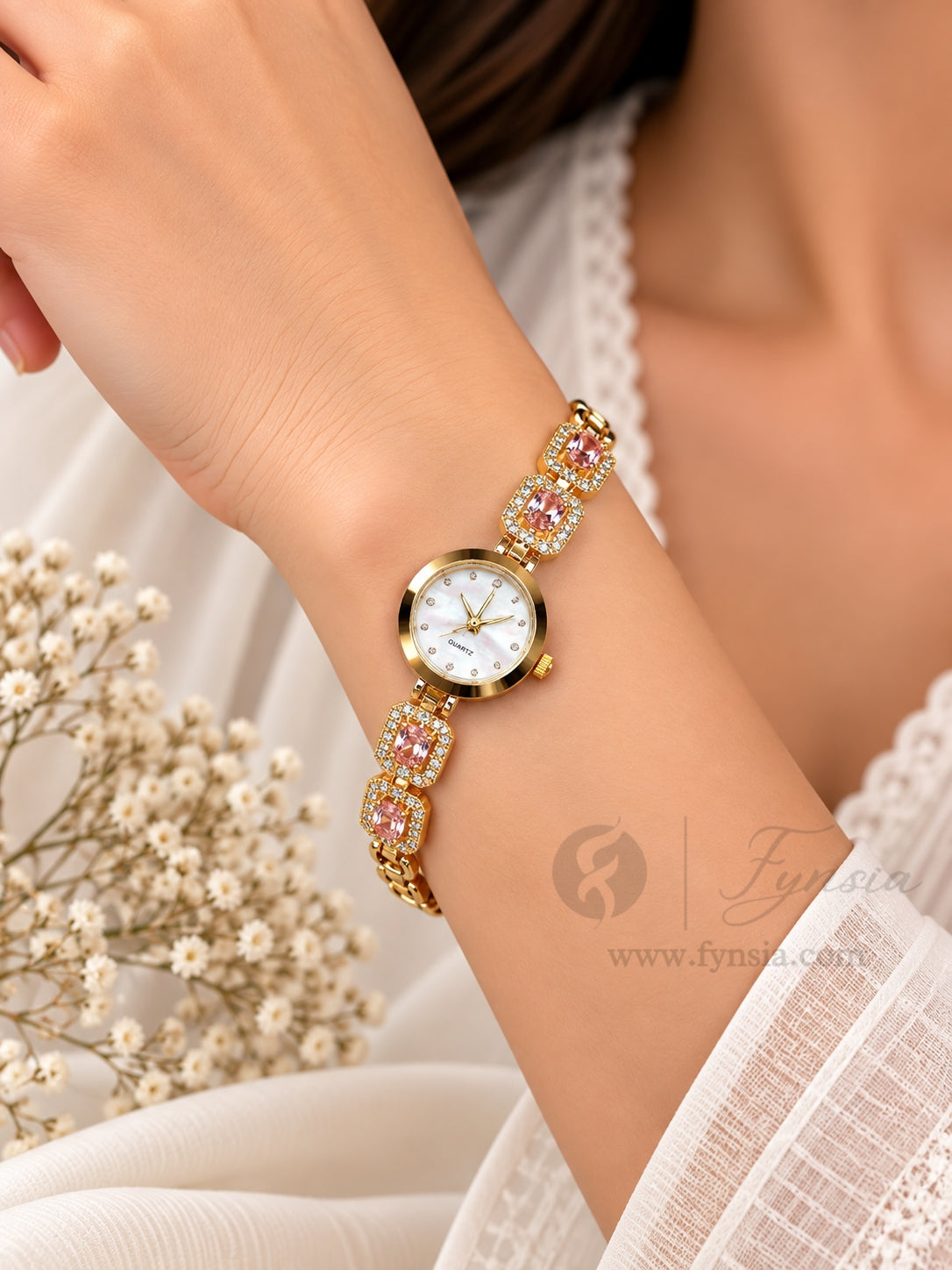 Himani Golden White Round Dial Zirconia Pink Stone Belt Women's Watch | Fynsia