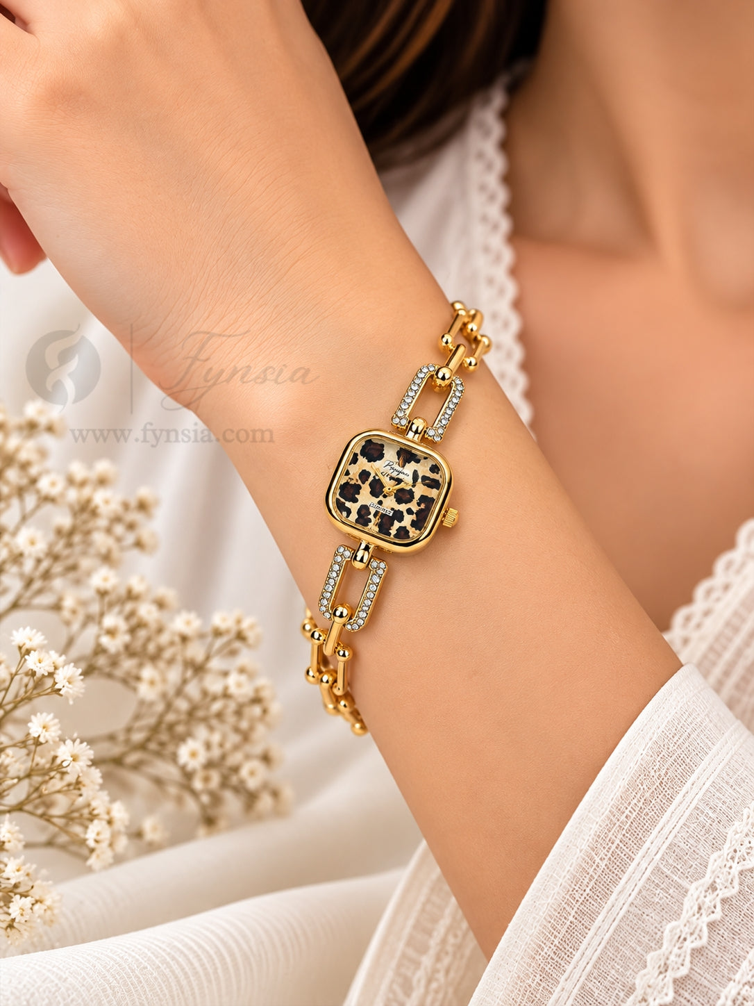Maahi Golden Cheetah Print Square Dial Chain Belt Women's Watch | Fynsia