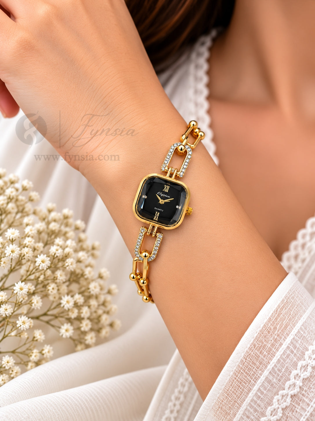 Uditi Golden Black Square Dial Chain Belt Women's Watch | Fynsia