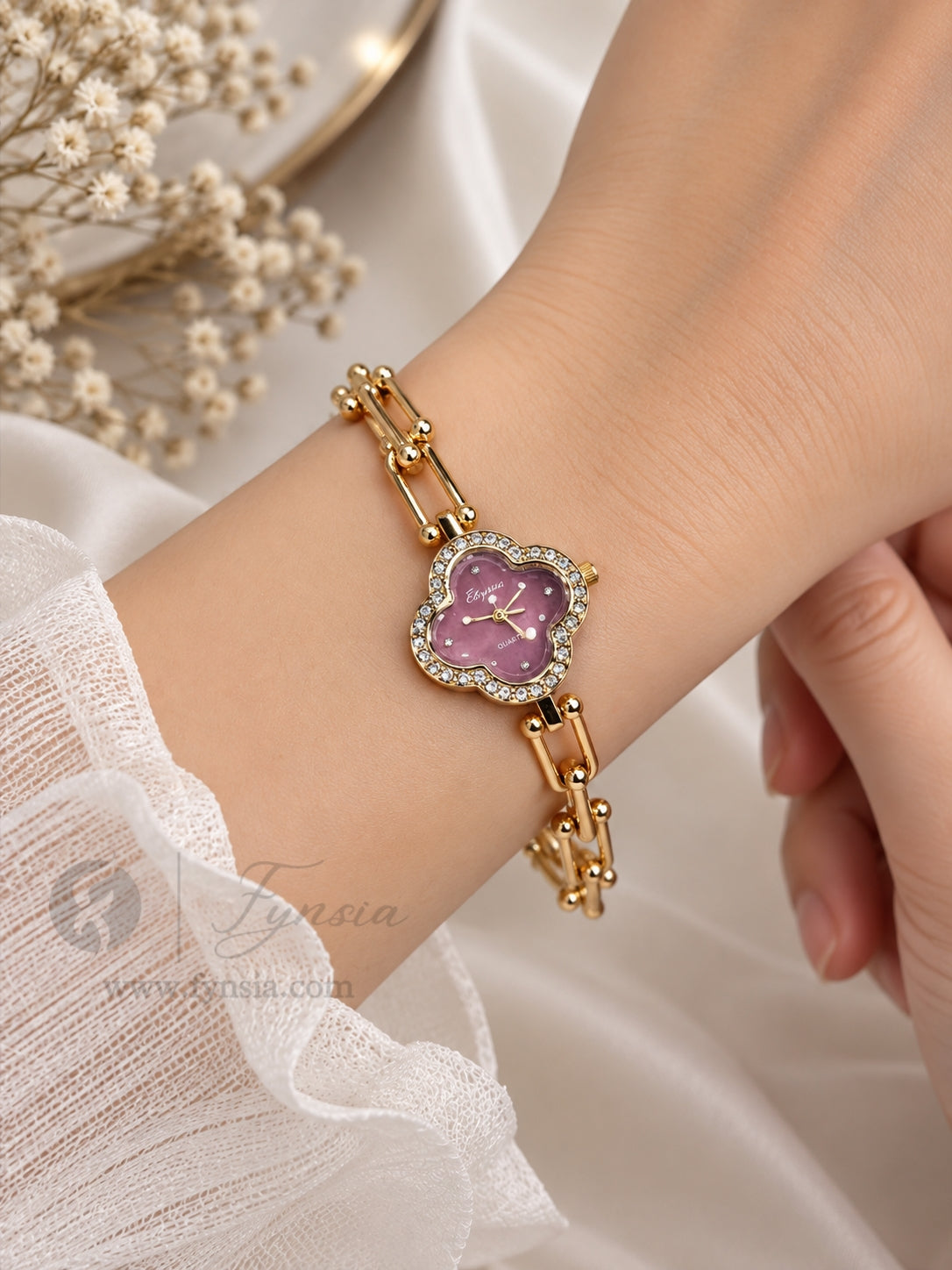Tina Golden Purple Clover Dial Chain Belt Women's Watch | Fynsia