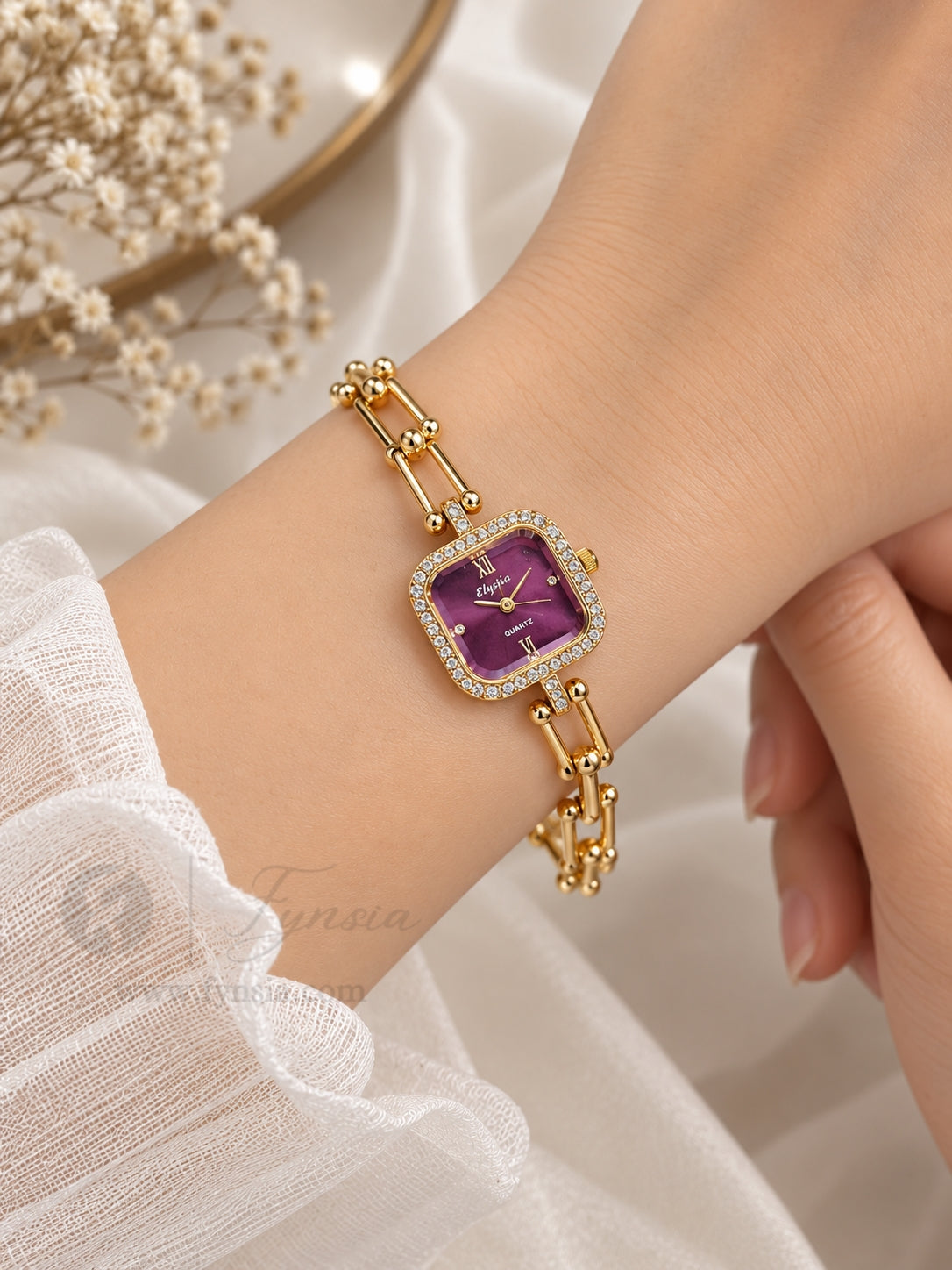 Layla Golden Purple Square Dial Chain Belt Women's Watch | Fynsia
