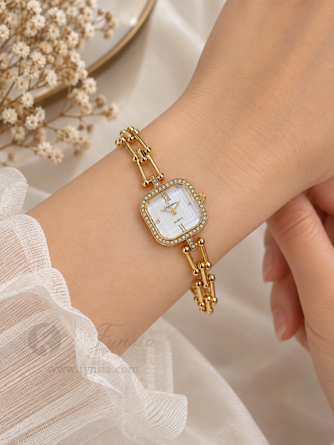 Sofia Golden White Square Dial Chain Belt Women's Watch | Fynsia