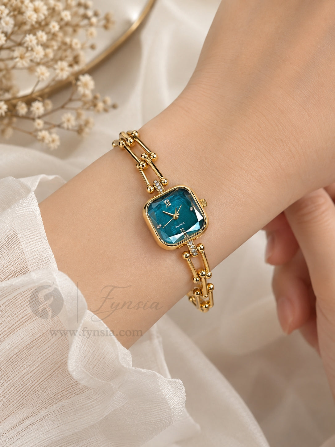 Gauri Golden Green Square Dial Chain Belt Women's Watch | Fynsia