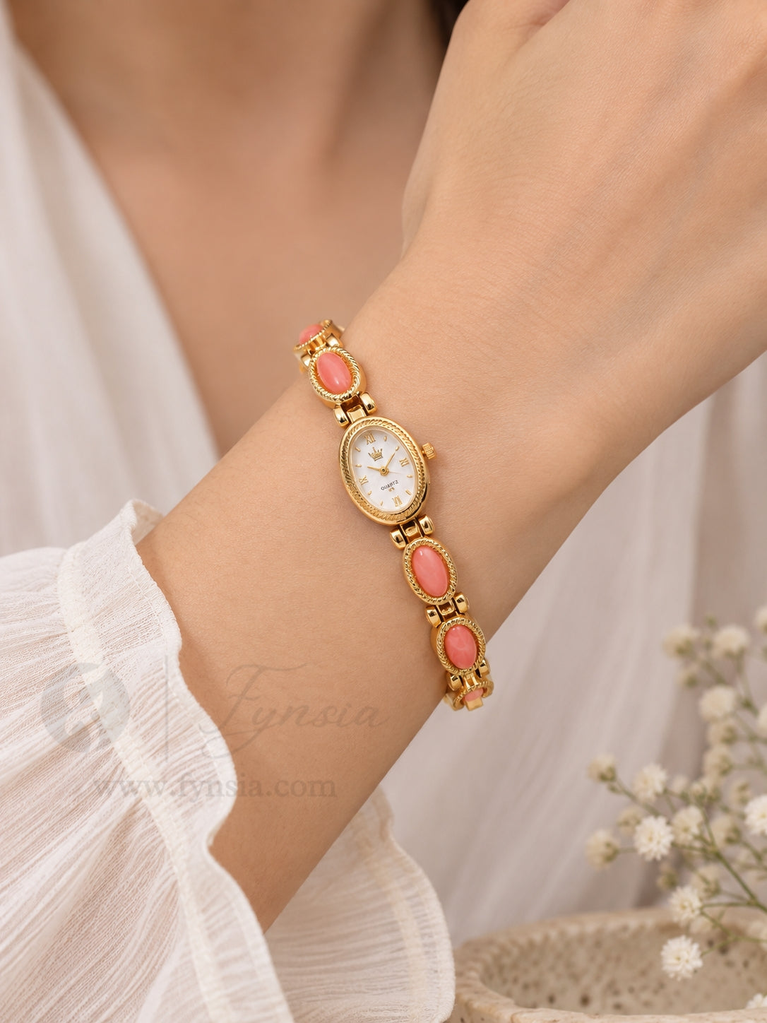 Freya Golden White Round Dial Metal Peach Bead Belt Women's Watch | Fynsia