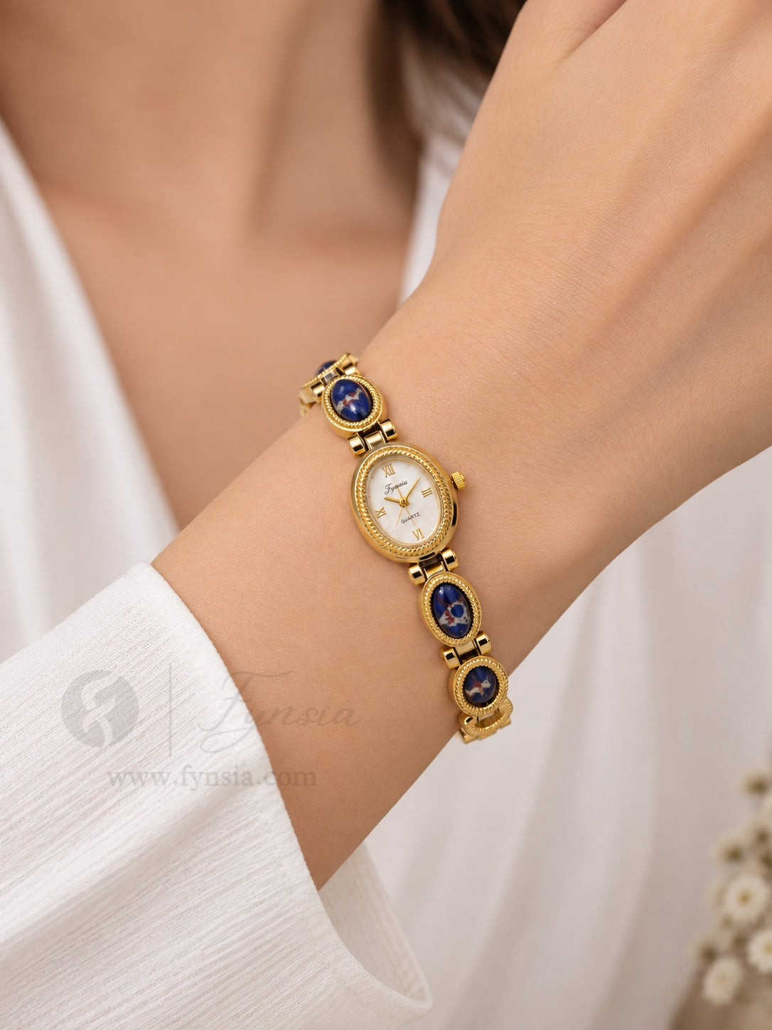 Hina Golden White Round Dial Metal Blue Bead Belt Women's Watch | Fynsia