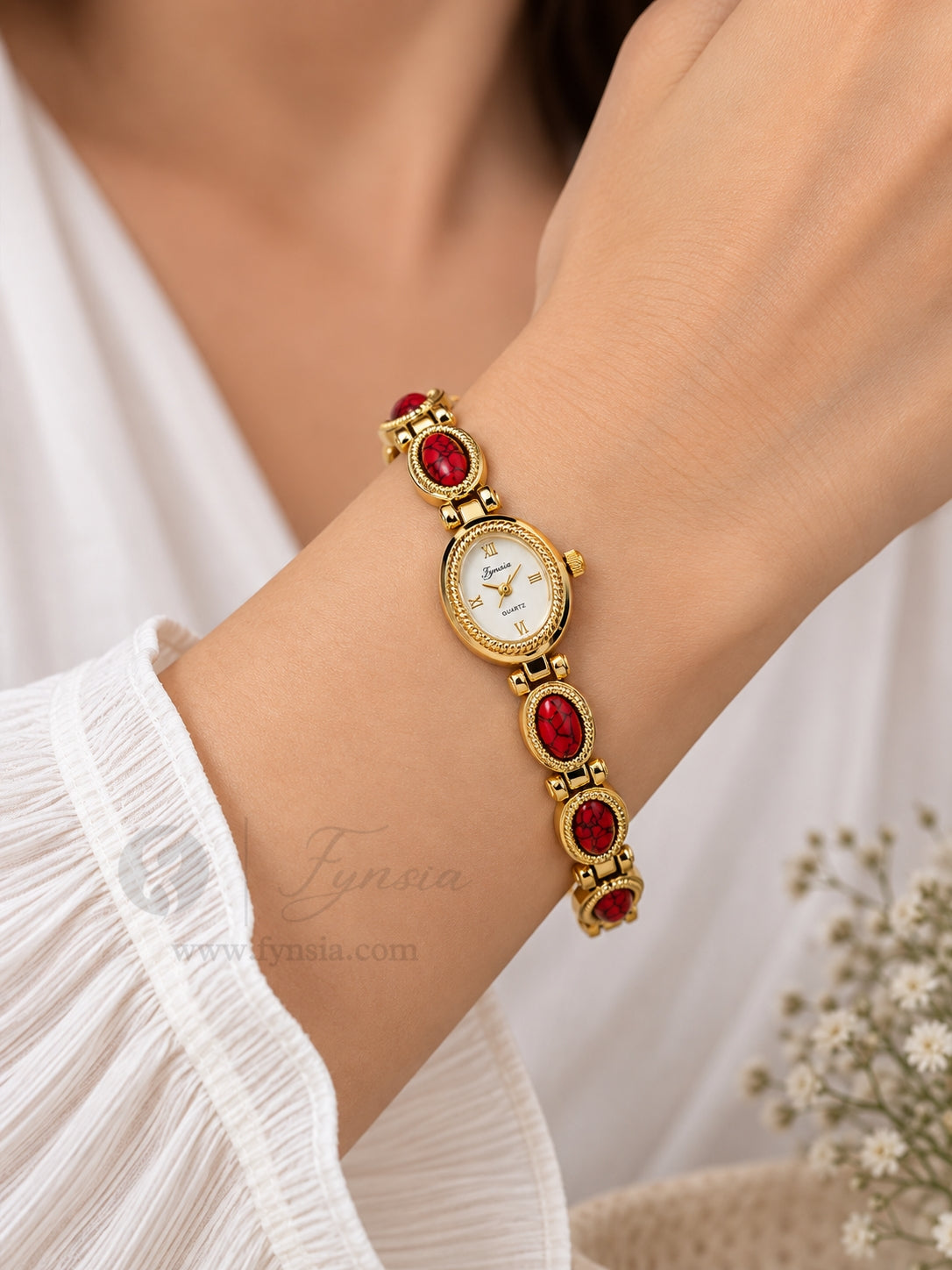 Arishfa Golden White Round Dial Metal Red Bead Belt Women's Watch | Fynsia