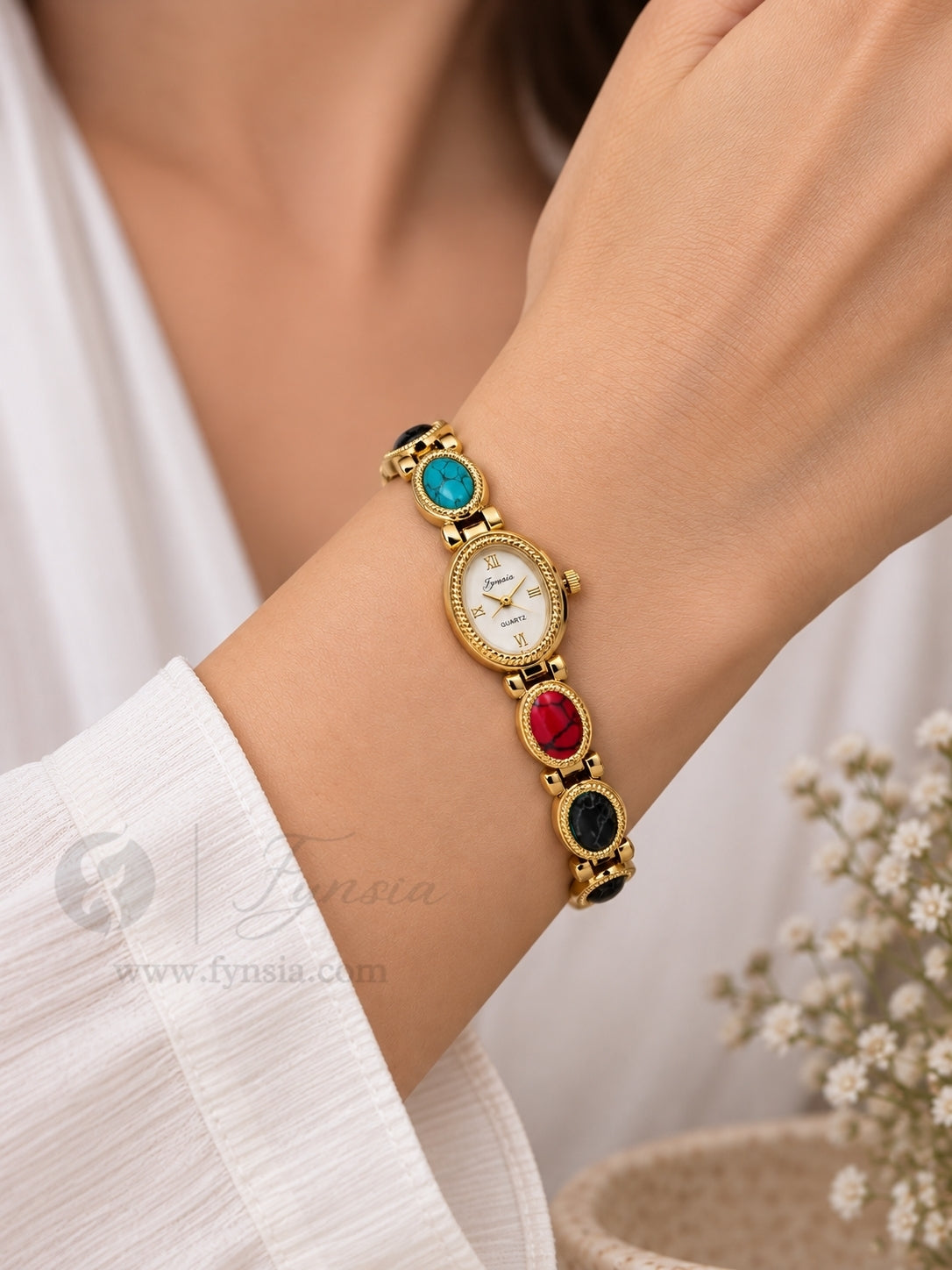 Lovepreet Golden White Round Dial Metal Multi Bead Belt Women's Watch | Fynsia