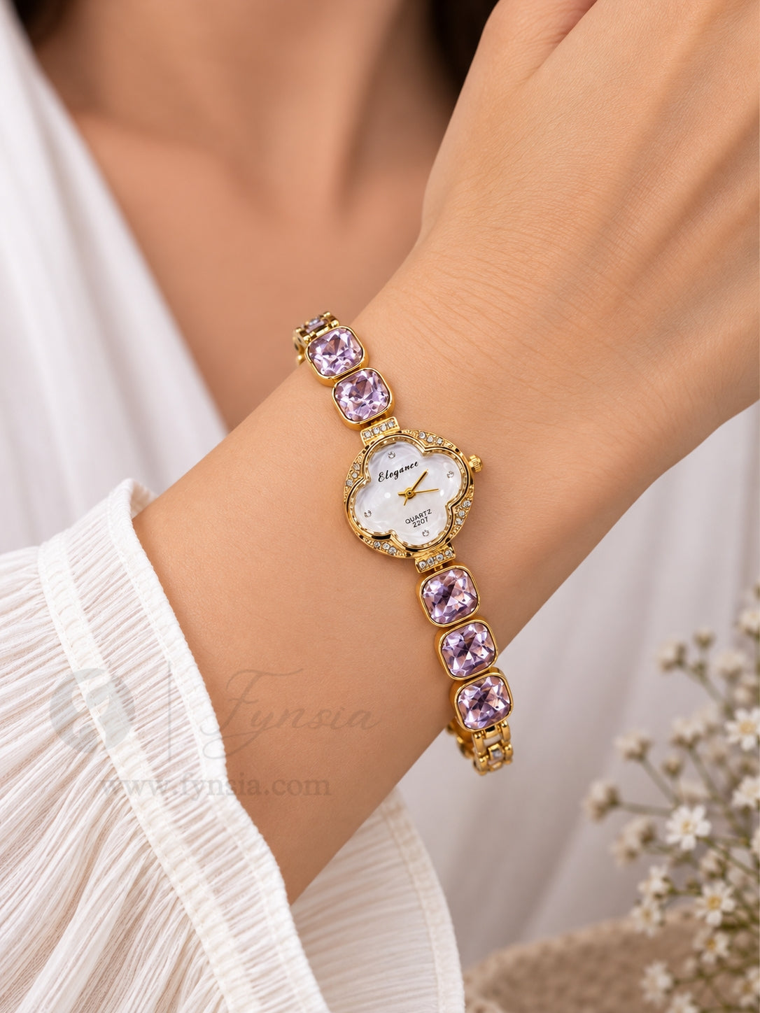 Sumitra Golden White Round Dial Pink Stone Belt Women's Watch | Fynsia