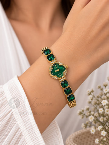 Kashish Golden Green Round Dial Stone Belt Women's Watch | Fynsia
