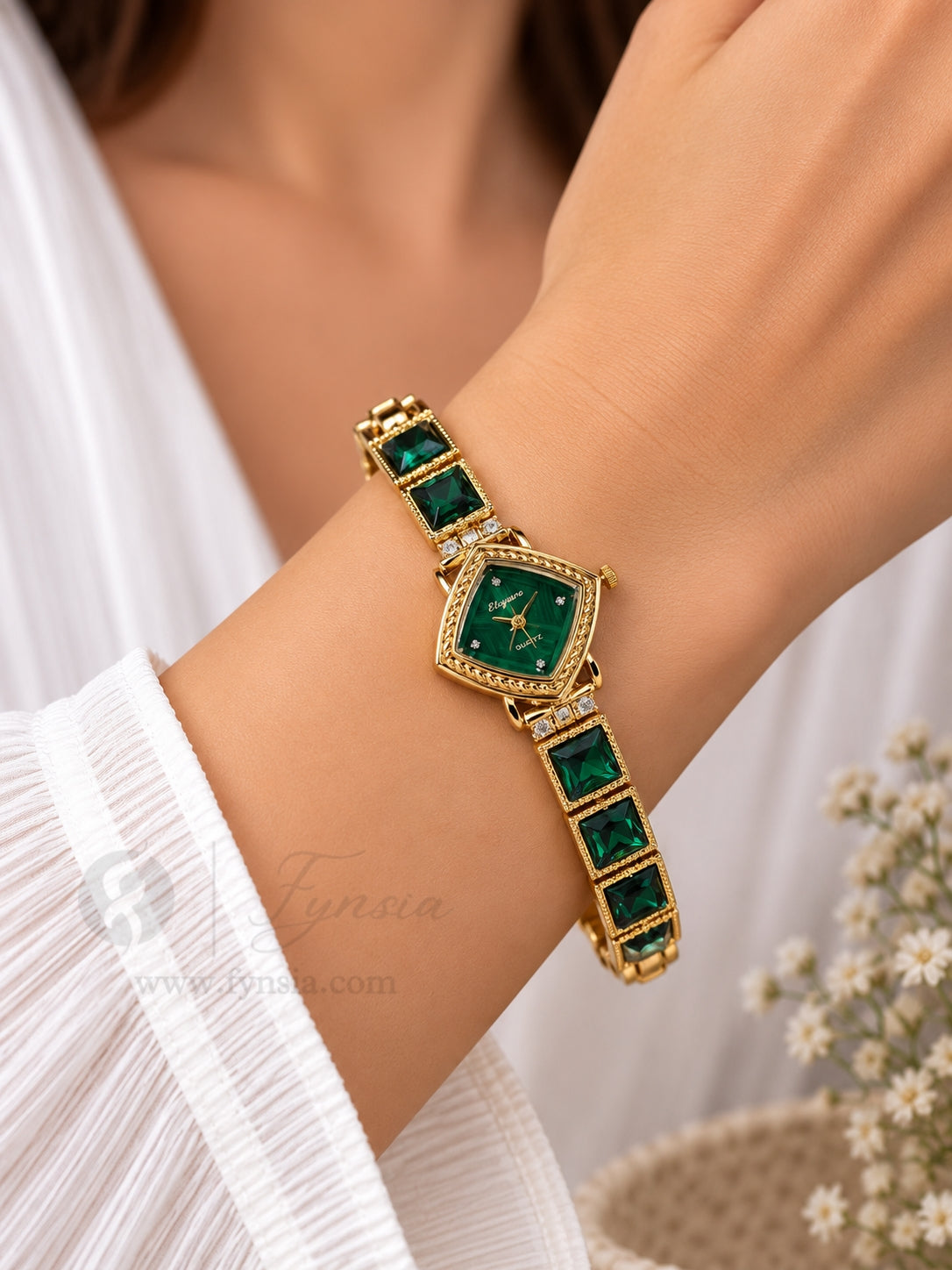 Rida Golden Green Square Dial Stone Belt Women's Watch | Fynsia