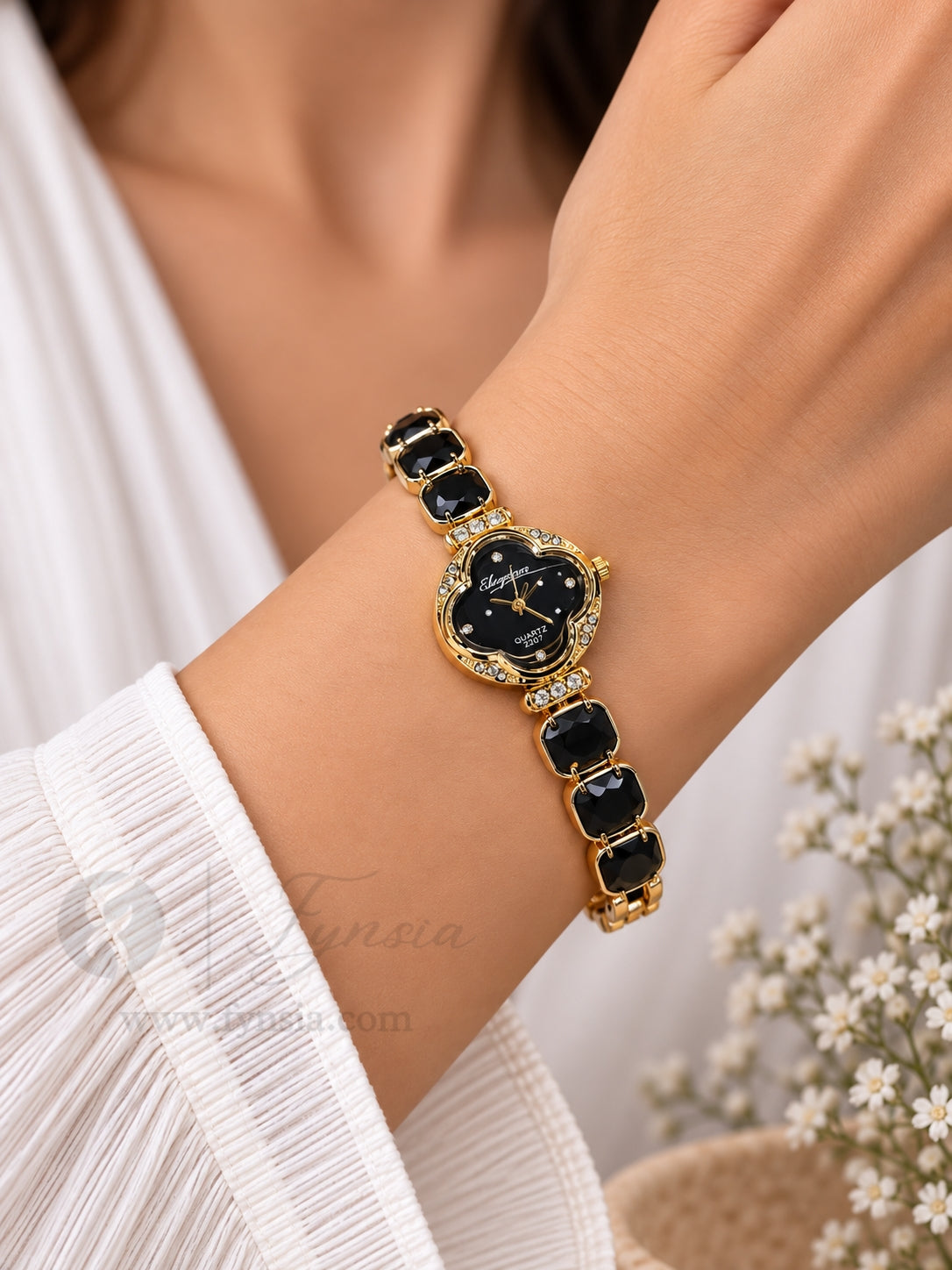 Parul Golden Black Round Dial Stone Belt Women's Watch | Fynsia