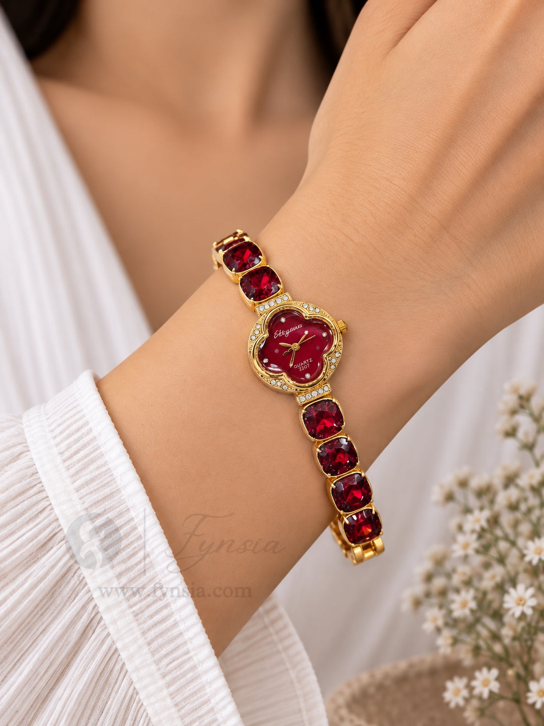 Mehzabin Golden Red Round Dial Stone Belt Women's Watch | Fynsia
