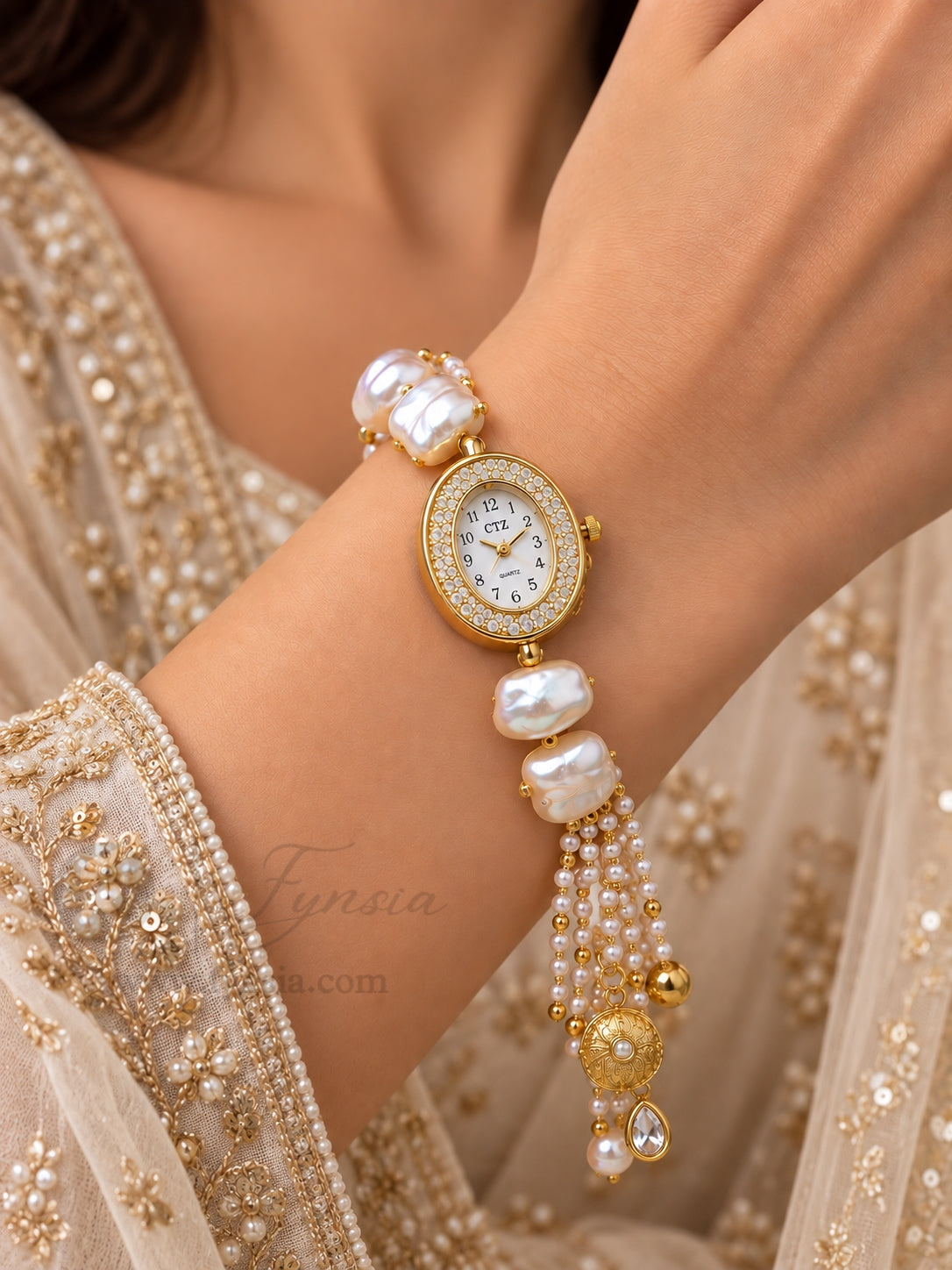 Aastha Golden Oval Dial Pearl Lumba Adjustabe Watch | Fynsia
