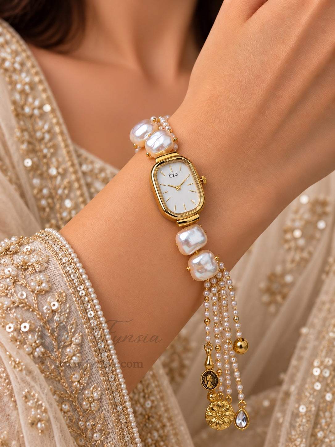 Antra Golden Square Dial Pearl Lumba Adjustabe Watch | Fynsia