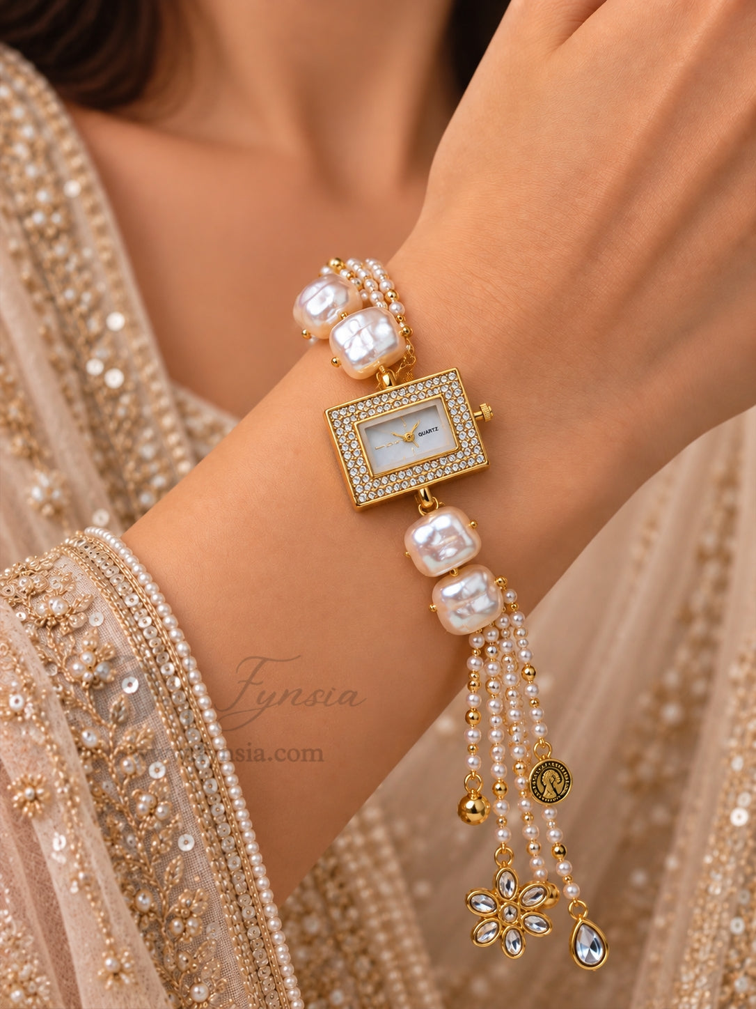 Darshi Golden Rectangle Dial Pearl Lumba Adjustabe Watch | Fynsia