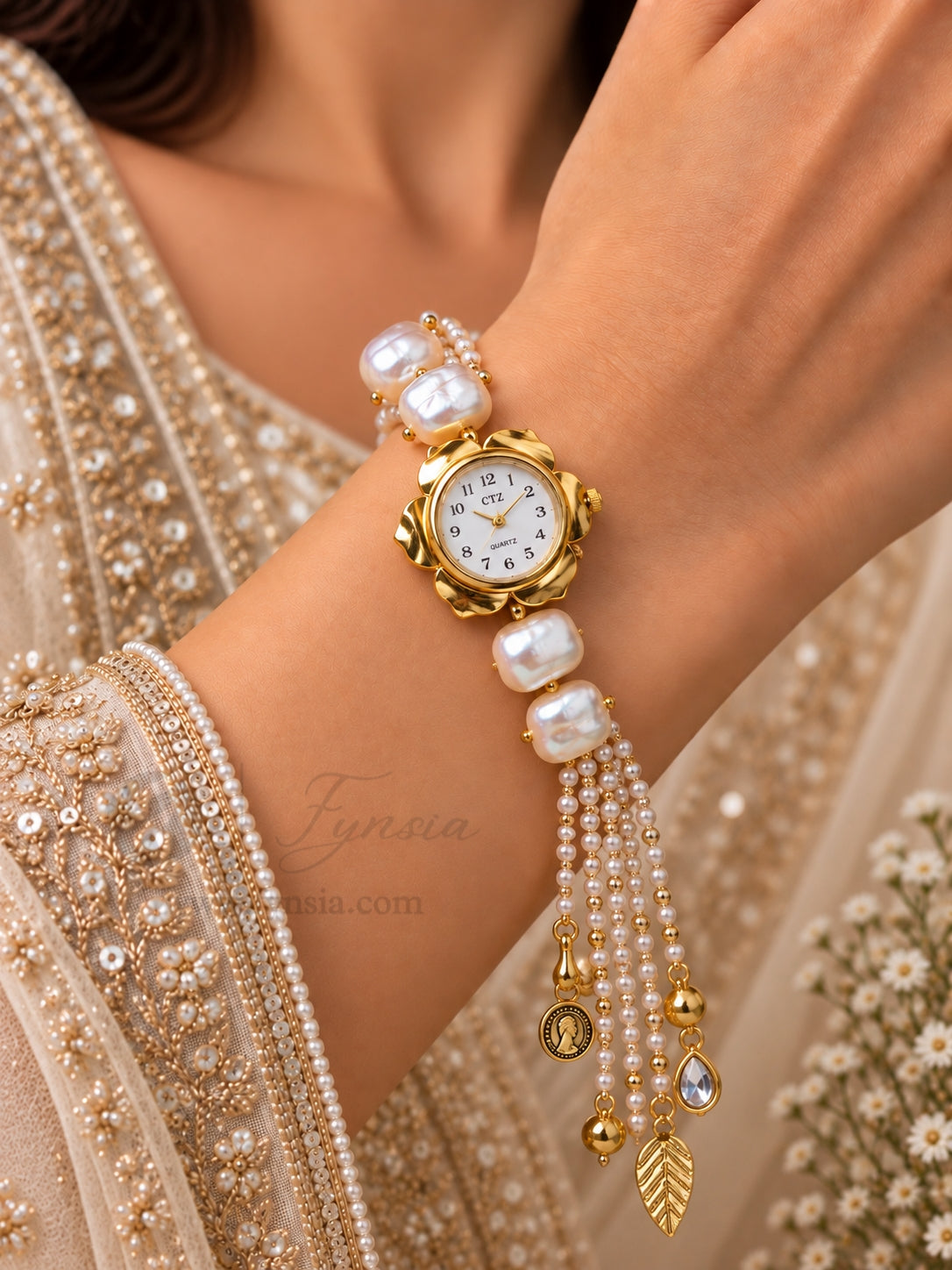 Nandini Golden Flower Dial Pearl Lumba Adjustabe Watch | Fynsia