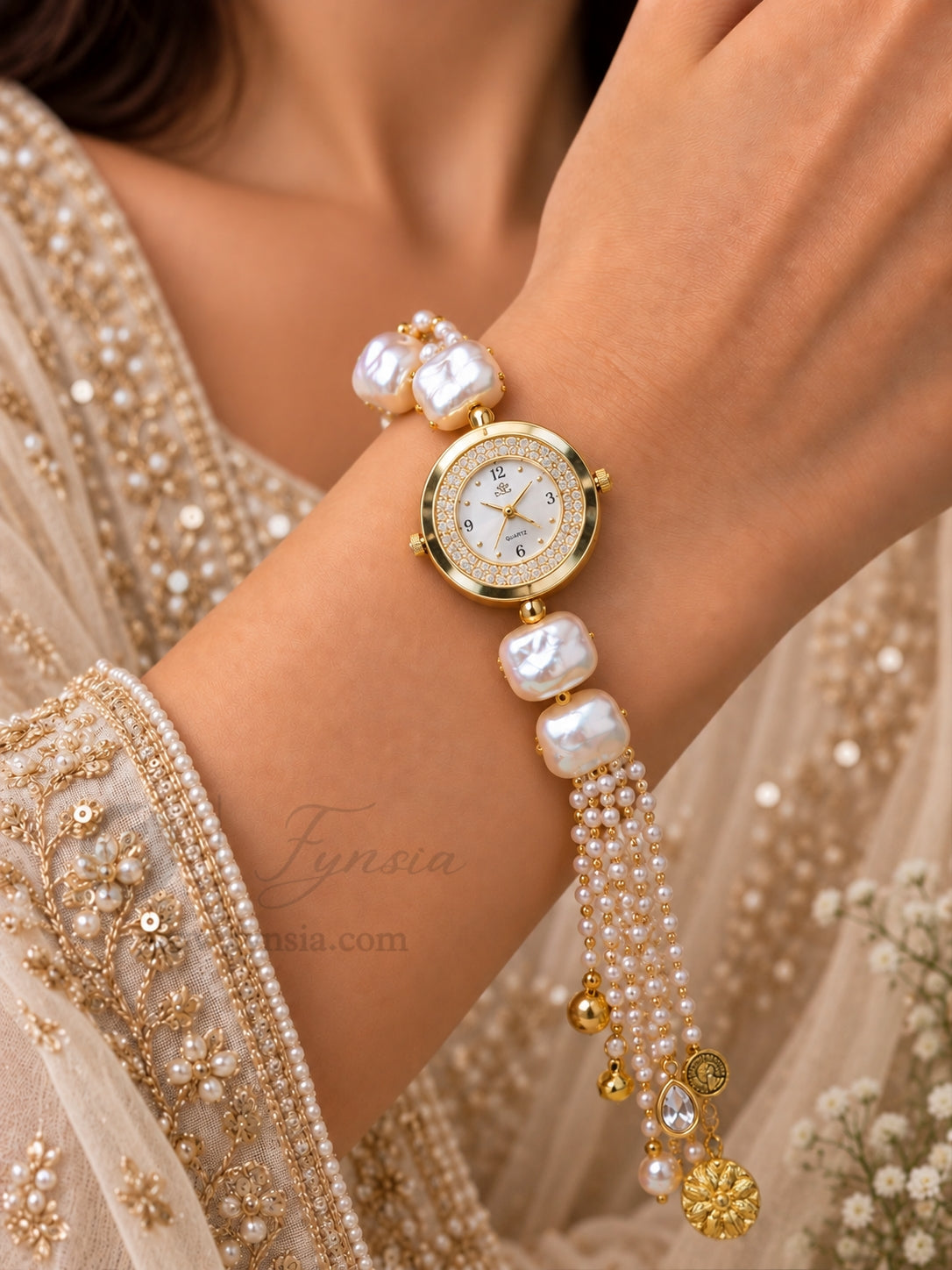 Harshvee Golden Round Dial Pearl Lumba Adjustabe Watch | Fynsia