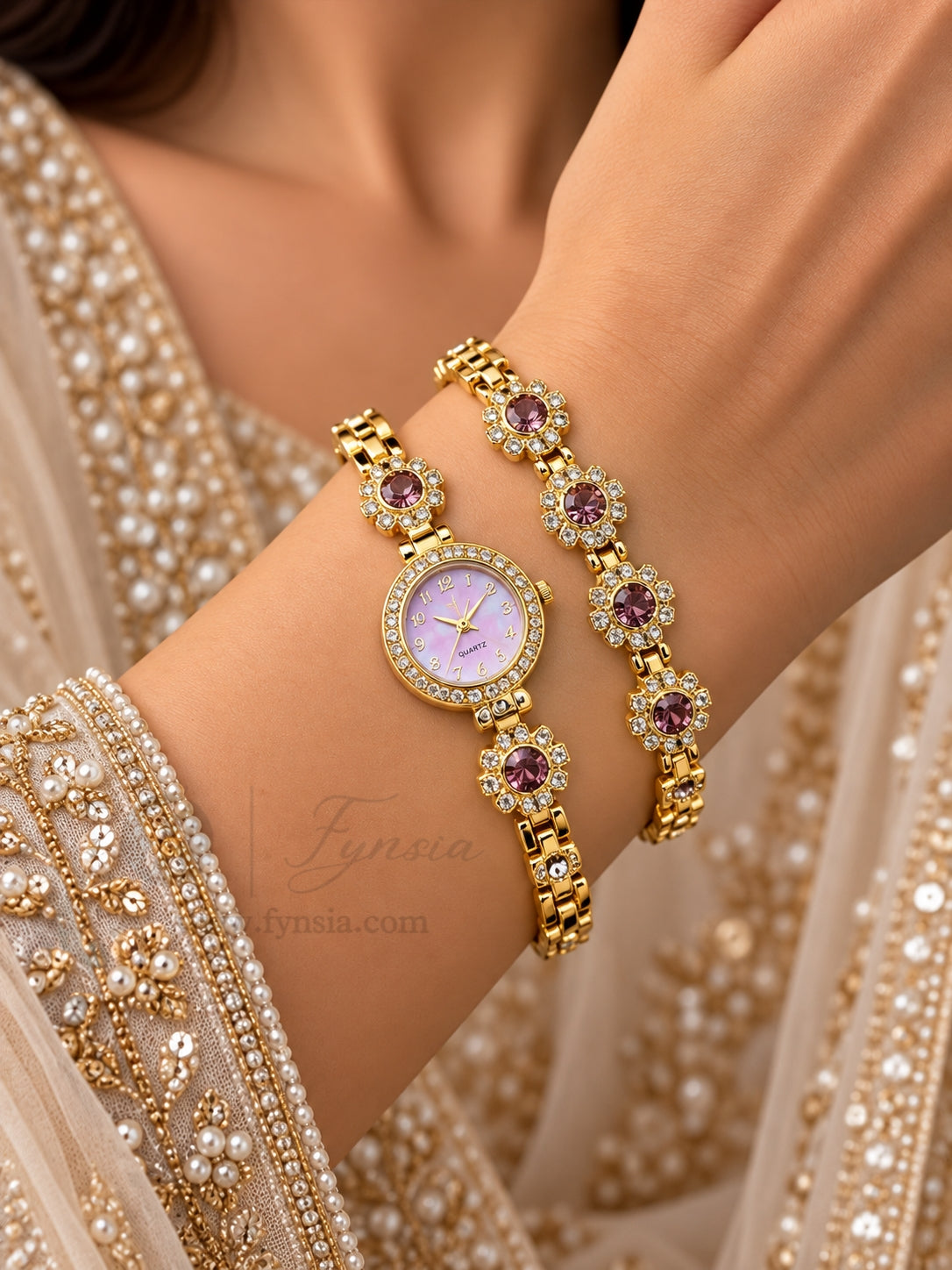 Rhea Golden Pink Round Dial Metal Belt Women's Watch With Bracelet| Fynsia