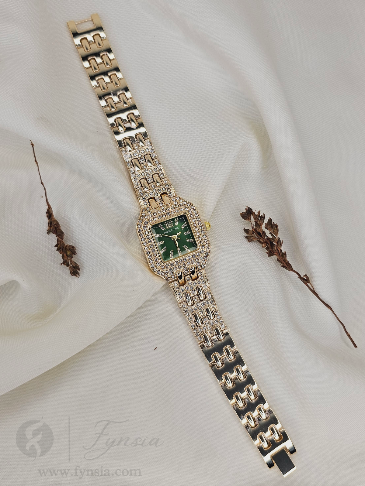 Mary Diamond Golden Green Square Dial Metal Belt Women's Watch | Fynsia