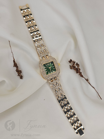 Mary Diamond Golden Green Square Dial Metal Belt Women's Watch | Fynsia