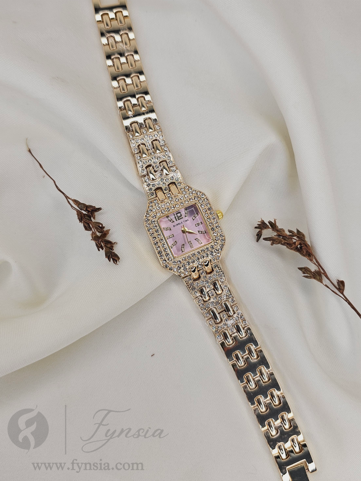 Luna Diamond Golden Pink Square Dial Metal Belt Women's Watch | Fynsia