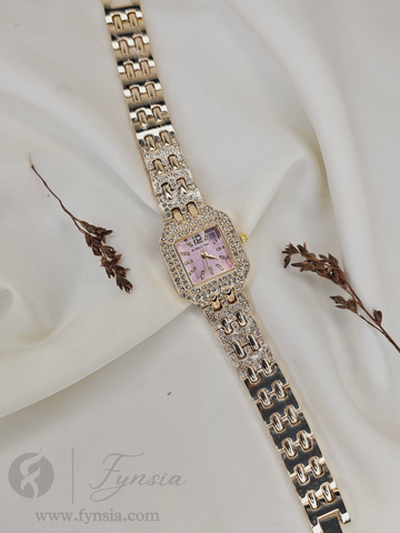 Luna Diamond Golden Pink Square Dial Metal Belt Women's Watch | Fynsia