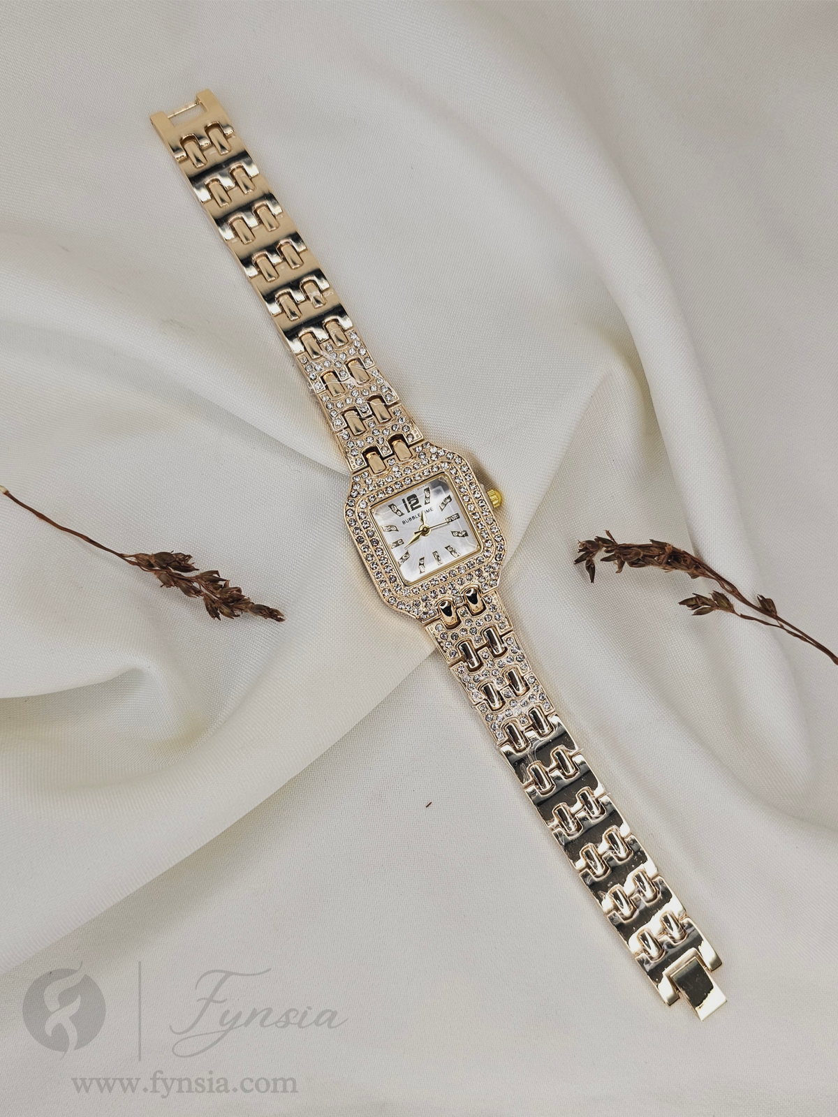 Penny Diamond Golden White Square Dial Metal Belt Women's Watch | Fynsia