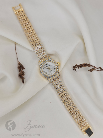 Reema Diamond Golden White Round Dial Metal Belt Women's Watch | Fynsia