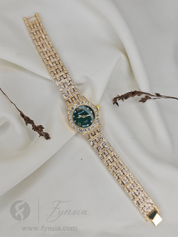 Nimra Diamond Golden Green Round Dial Metal Belt Women's Watch | Fynsia