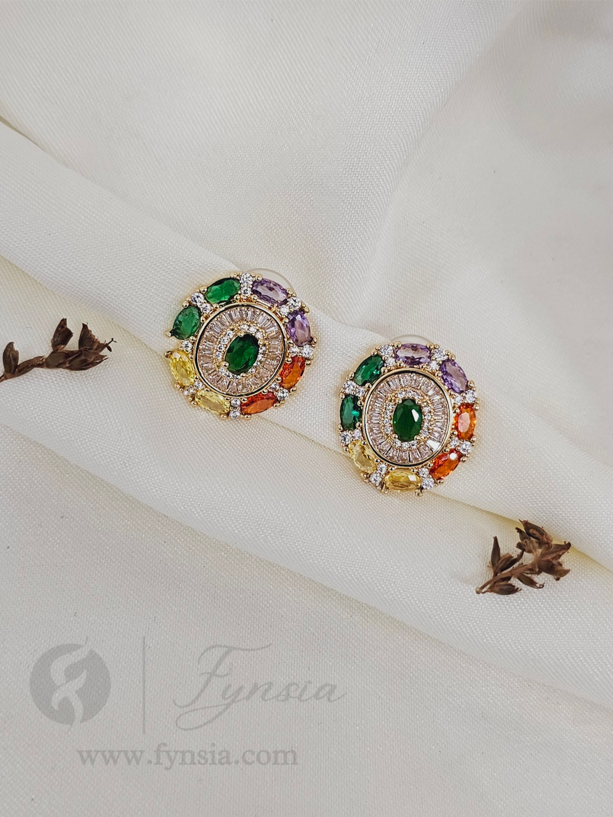 Anasha Zirconia Multi Diamond Golden Tone Pendant Chain Set With Earrings | Fynsia