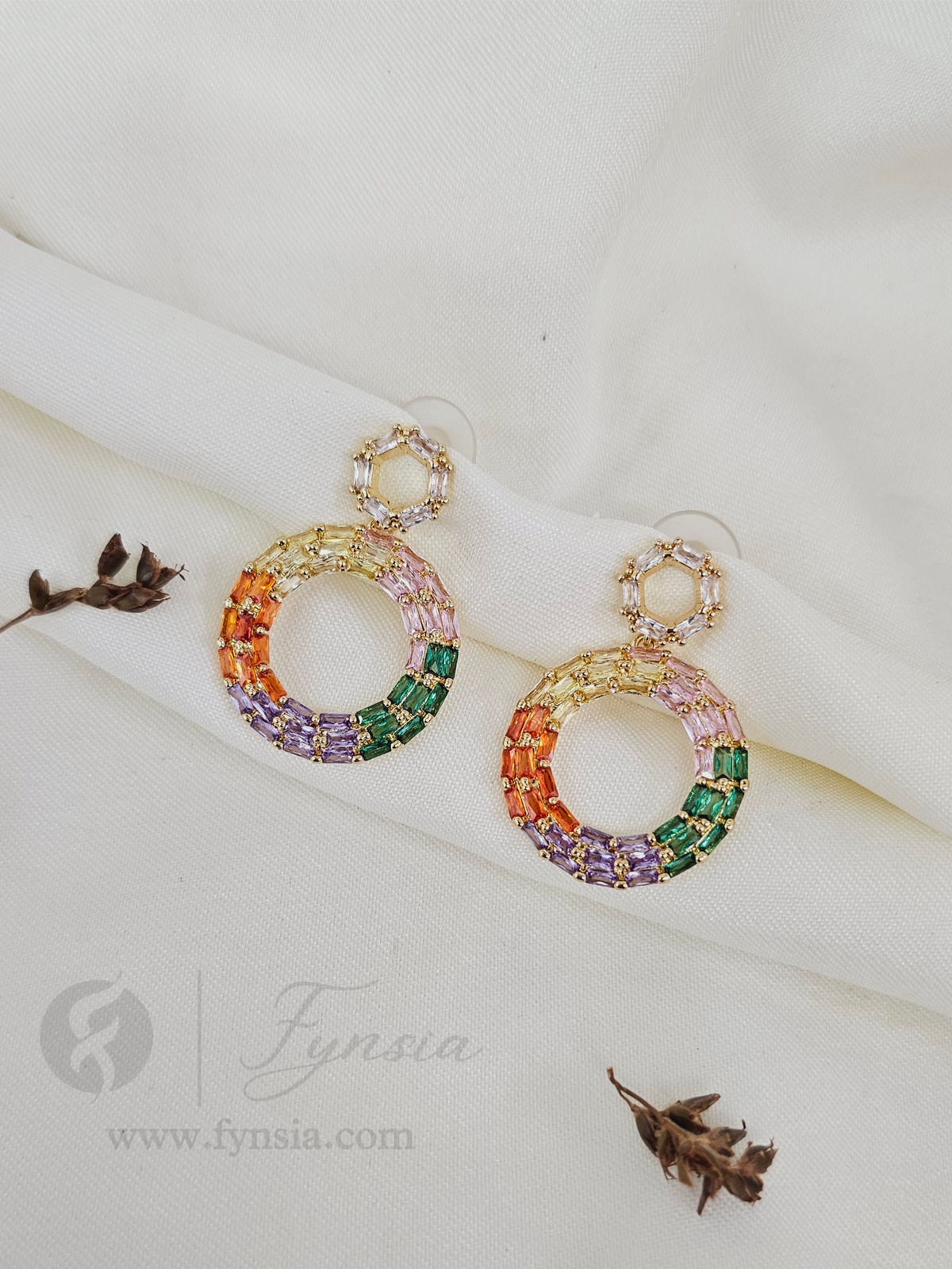 Iram Zirconia Multi Diamond Golden Tone Pendant Chain Set With Earrings | Fynsia