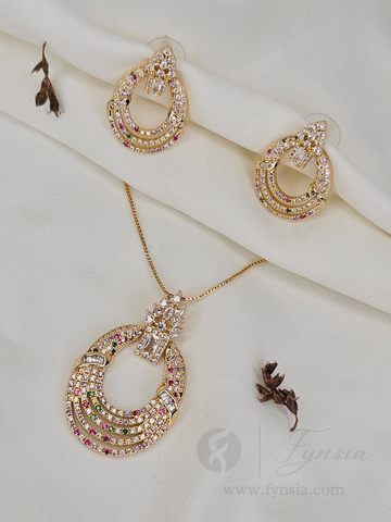 Kulsum Zirconia Multi Diamond Golden Tone Pendant Chain Set With Earrings | Fynsia