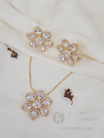 Masuma Zirconia Diamond Golden Tone Pendant Chain Set With Earrings | Fynsia