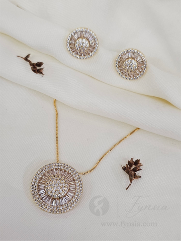 Maria Zirconia Diamond Golden Tone Pendant Chain Set With Earrings | Fynsia