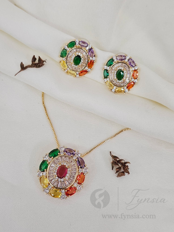 Anasha Zirconia Multi Diamond Golden Tone Pendant Chain Set With Earrings | Fynsia
