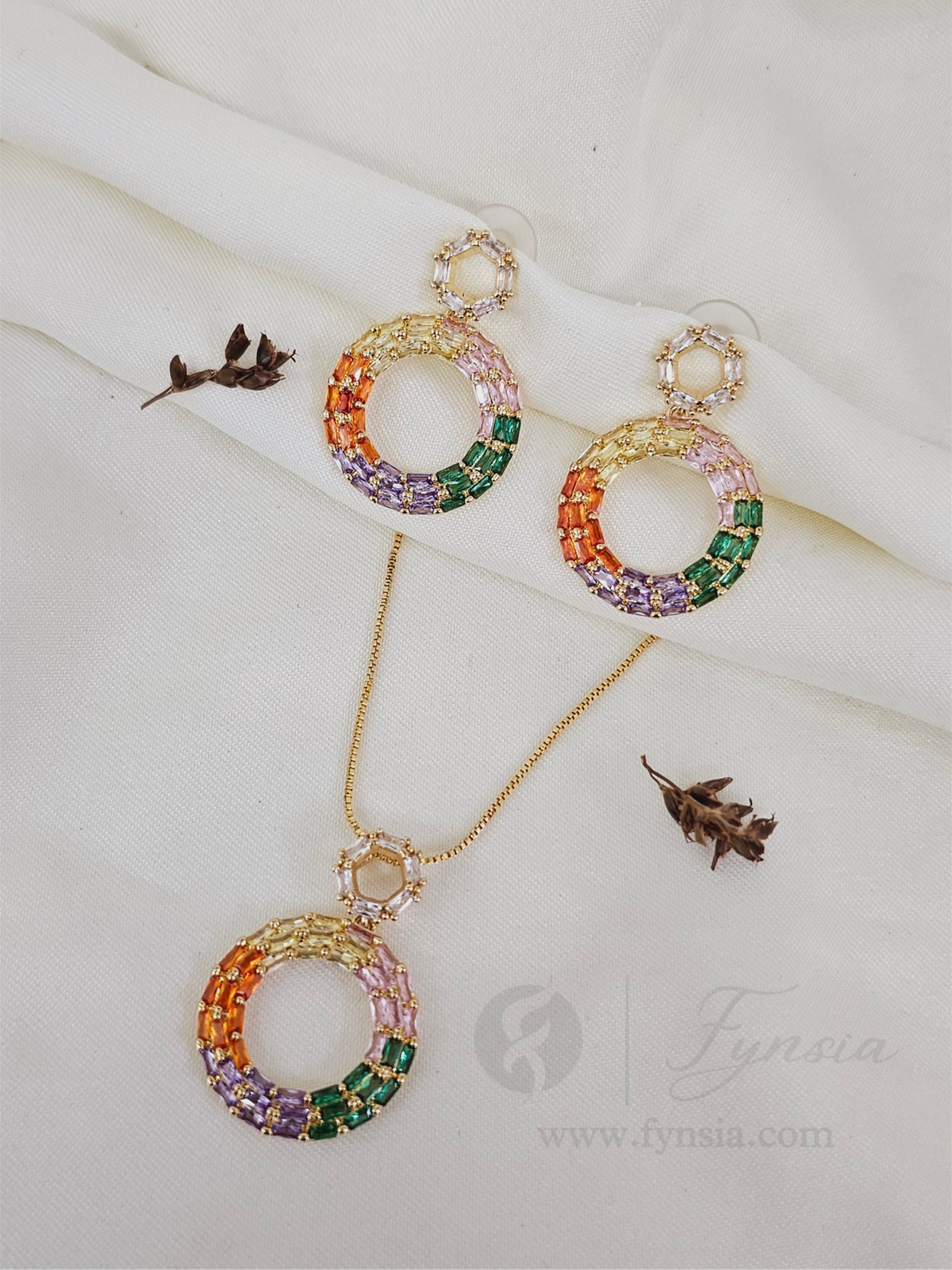Iram Zirconia Multi Diamond Golden Tone Pendant Chain Set With Earrings | Fynsia
