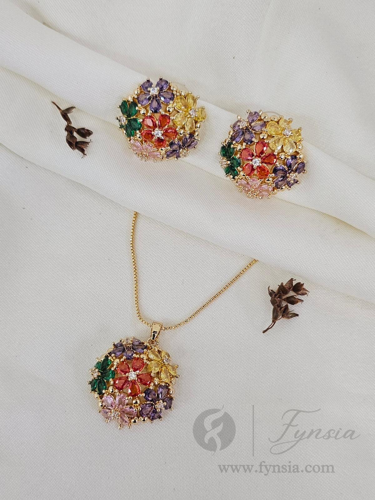 Ramsha Zirconia Multi Diamond Golden Tone Pendant Chain Set With Earrings | Fynsia