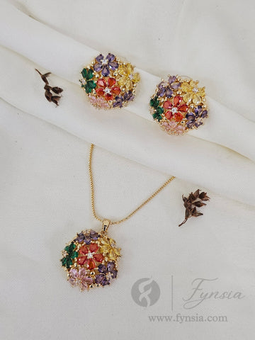 Ramsha Zirconia Multi Diamond Golden Tone Pendant Chain Set With Earrings | Fynsia
